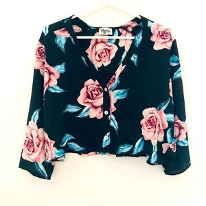 Show Me Your MuMu, XSmall, Black and Pink Sheer Floral 3/4 Sleeve Crop Blouse